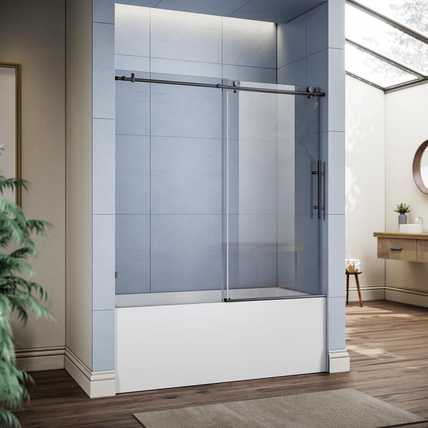 SUNNY SHOWER 60 in. W x 62 in. H Frameless Bathtub Sliding Doors ...