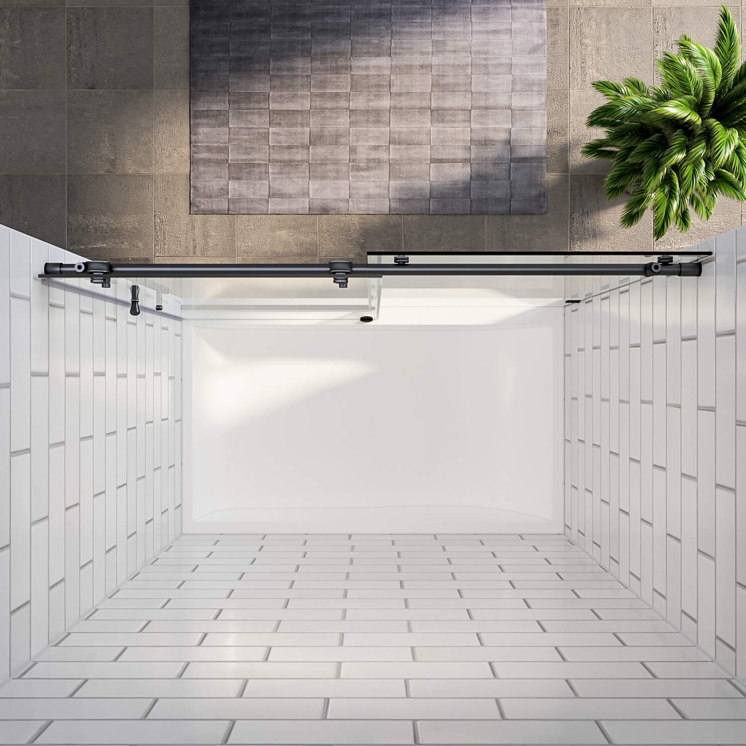 SUNNY SHOWER 60 in. W x 62 in. H Frameless Black Finish Bathtub Sliding Doors Overhead View