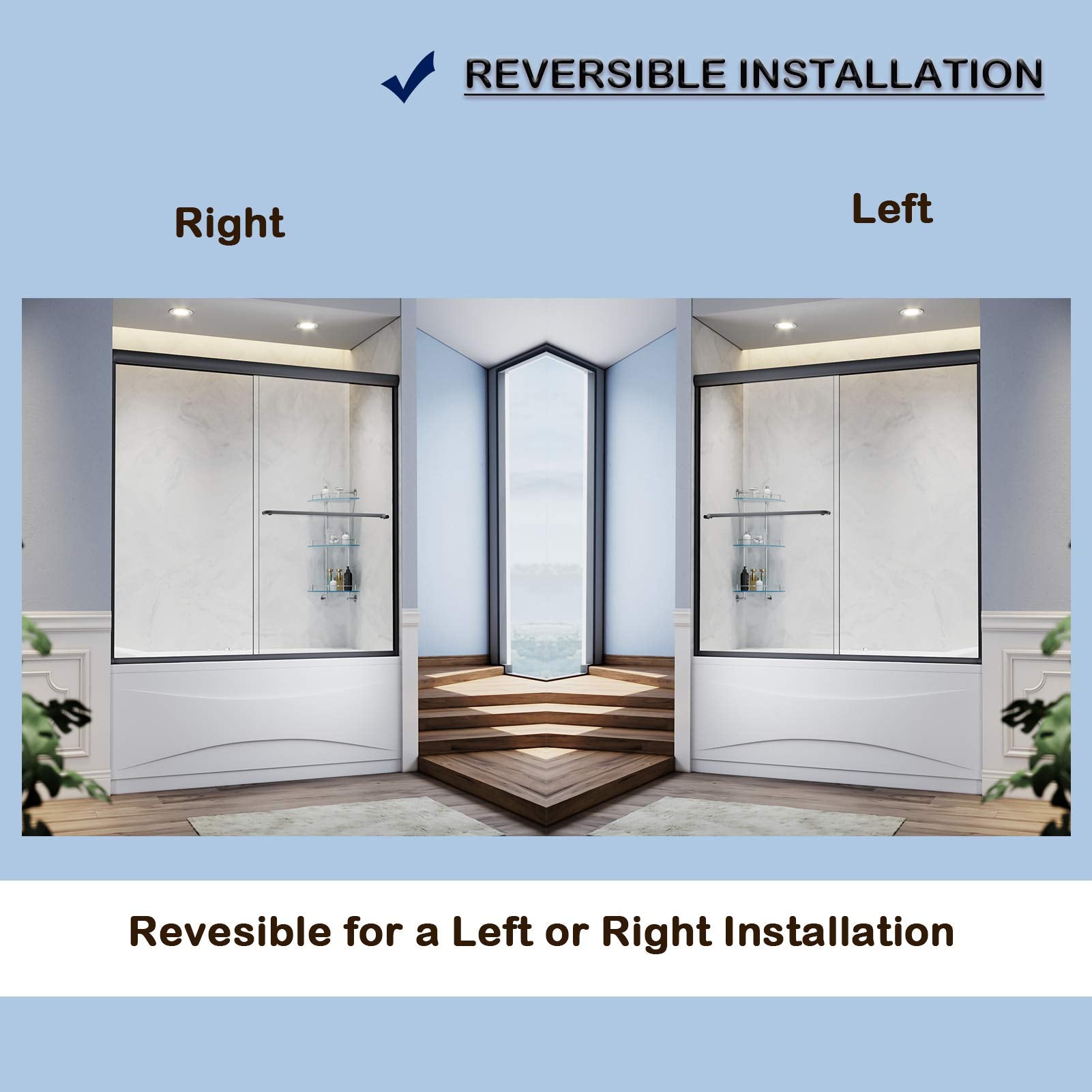 Black finish double sliding bypass design allows entry to the shower and can be installed on either a right-side door opening or a left-side door opening