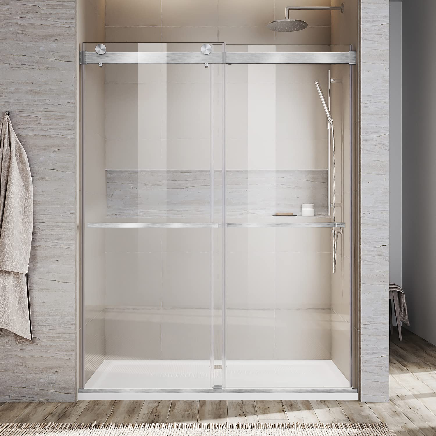 SUNNY SHOWER 64 in. W x 76 in. H Frameless Brushed Nickel Finish Double Sliding Shower Doors