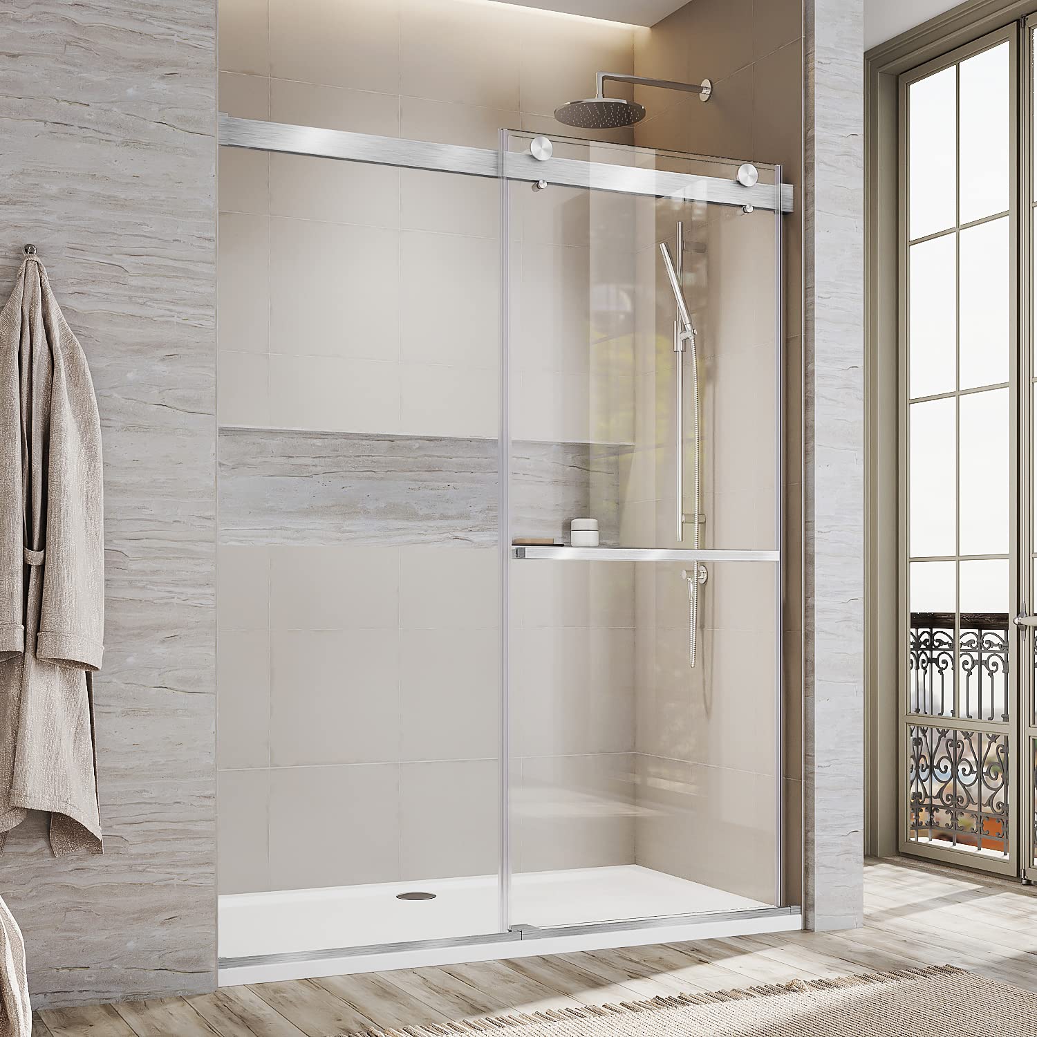 SUNNY SHOWER 64 in. W x 76 in. H Frameless Brushed Nickel Finish Double Sliding Shower Doors