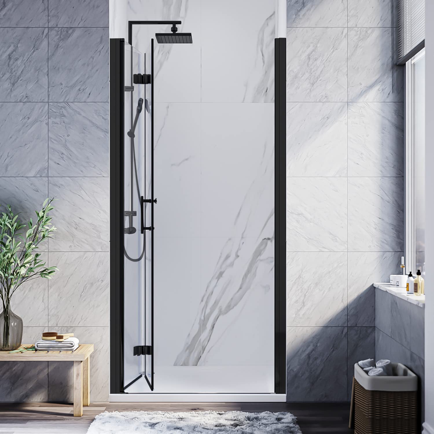 SUNNY SHOWER 1/4 inch Frameless Black Finish Bi-Fold Shower Door