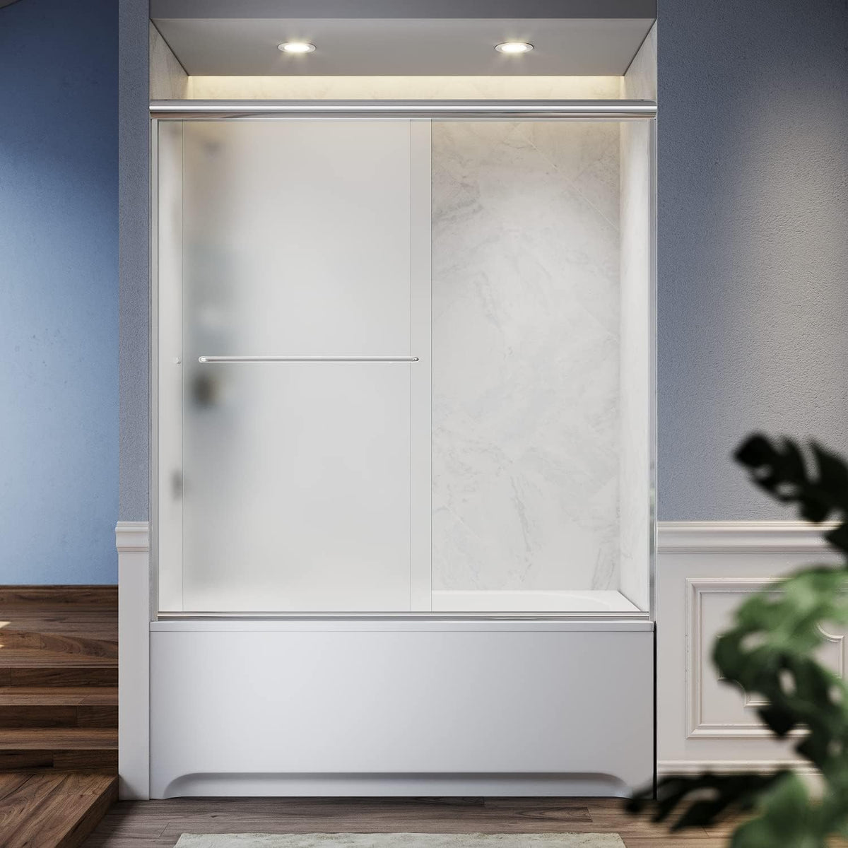 SUNNY SHOWER 60 in. W x 57.4 in. H Frosted Chrome Finish Bathtub Double Sliding Doors