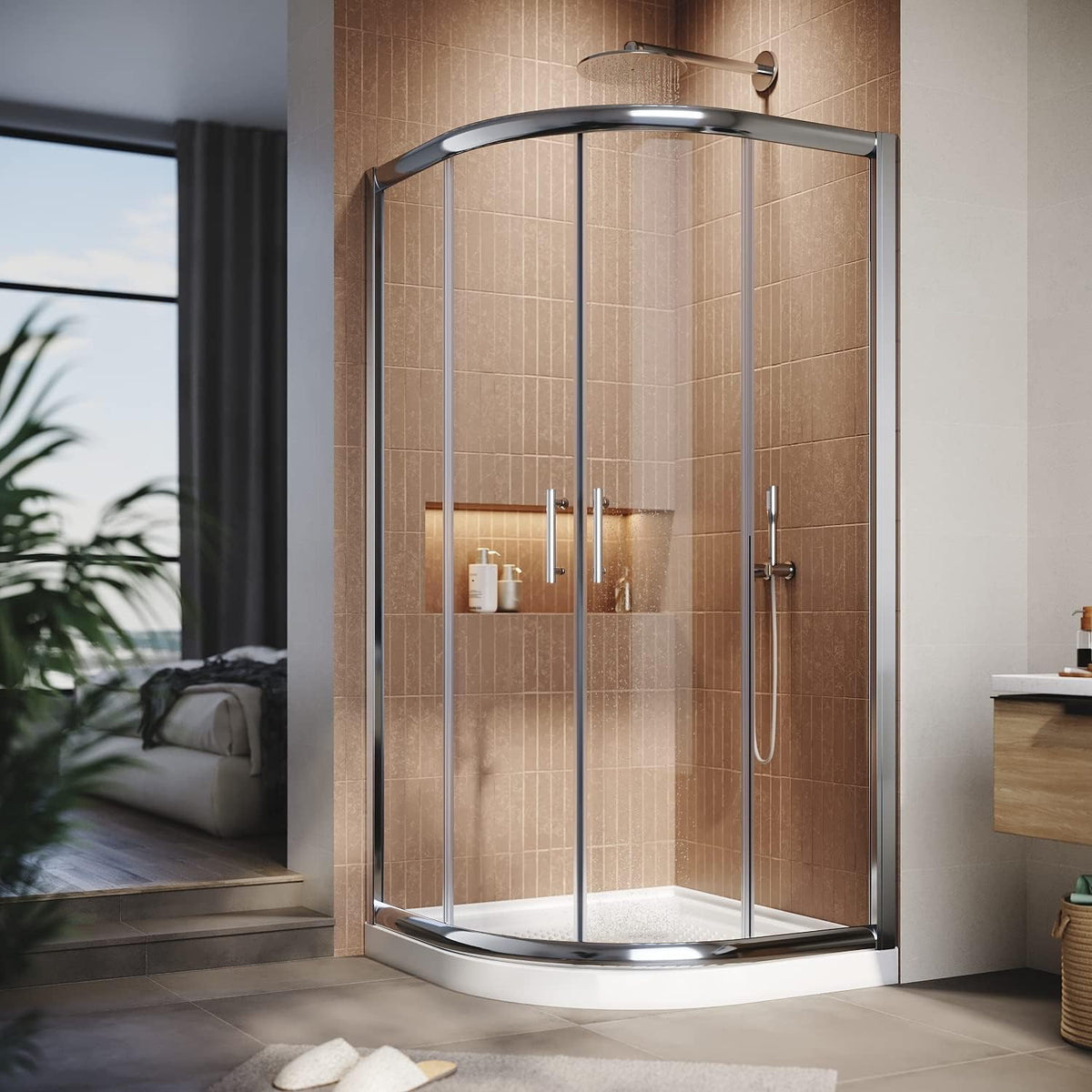 SUNNY SHOWER Corner Round Shower Enclosure with 38 in. W x 38 in. D x 72 in. H Double Sliding Doors, Chrome Finish