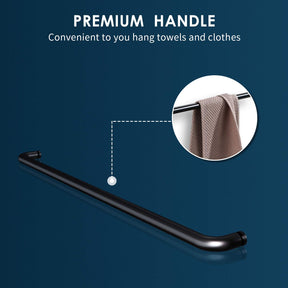 Black Finish door handle with long bar is mounted proud enough to act as a towel rail or as leverage when opening/exiting