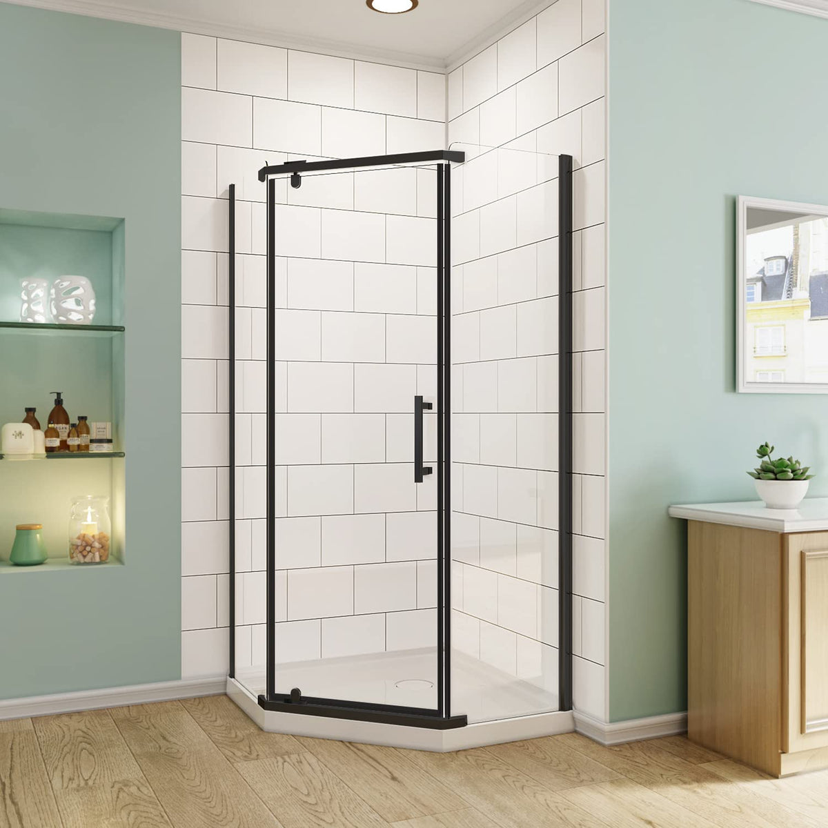 SUNNY SHOWER 36.7 in. W x 36.7 in. D x 71.8 in. H Black Finish Pivot Enclosures With Pivot Door