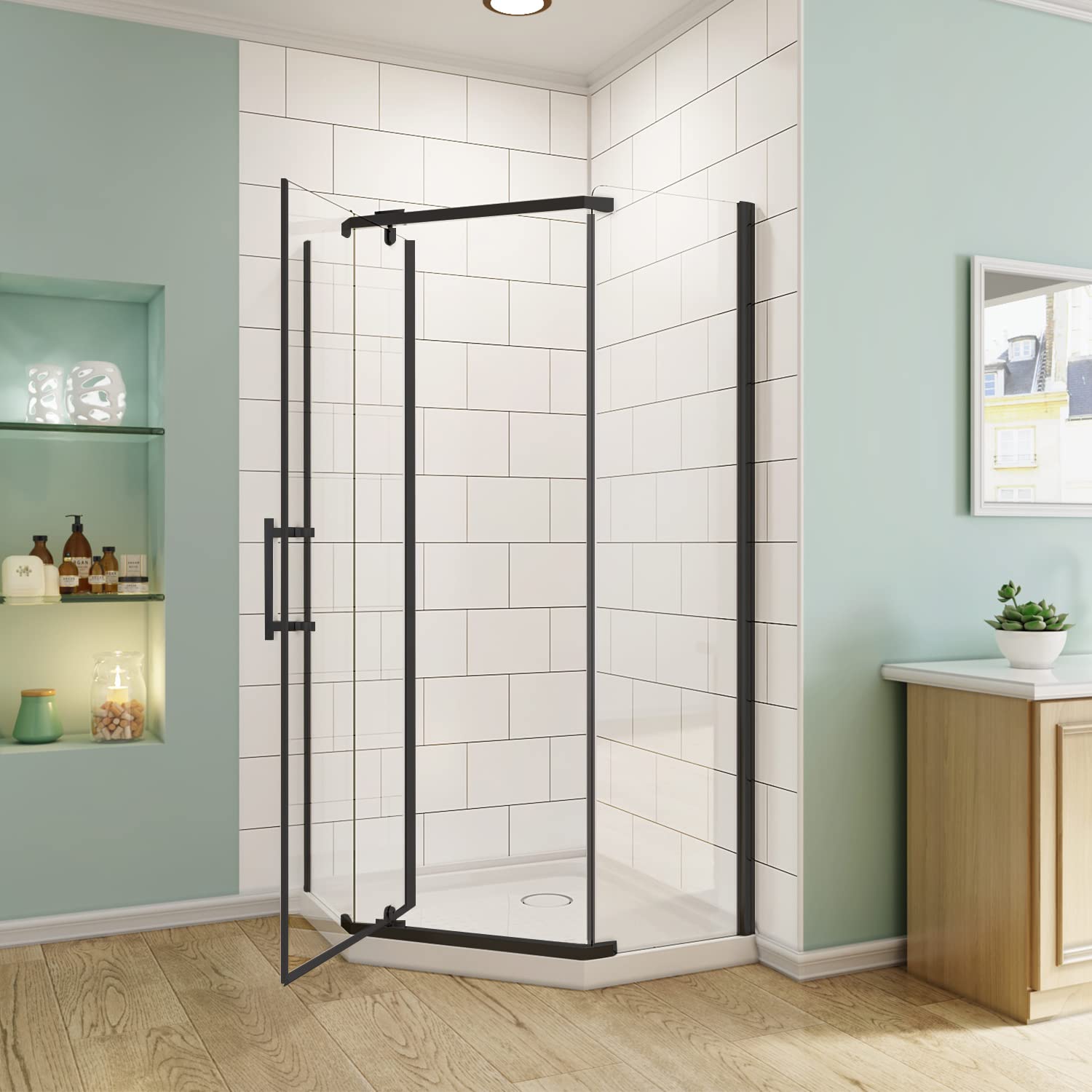 SUNNY SHOWER 36.7 in. W x 36.7 in. D x 71.8 in. H Black Finish Pivot Enclosures With Pivot Door