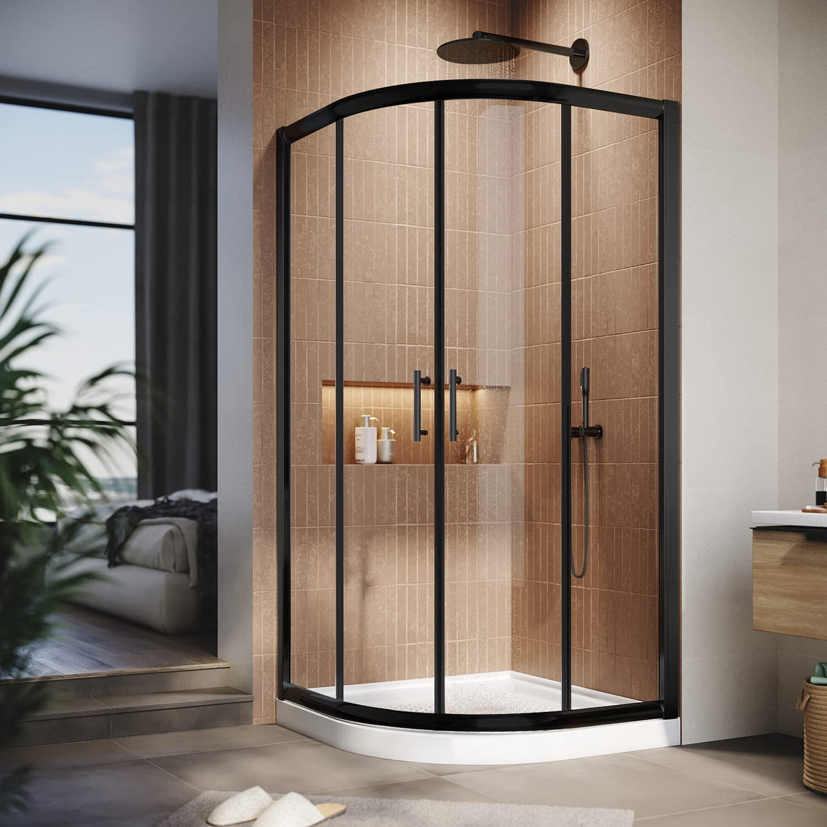 SUNNY SHOWER 38 in. D x 38 in. W x 72 in. H Black Finish Quadrant Enclosures With Sliding Doors - SUNNY SHOWER