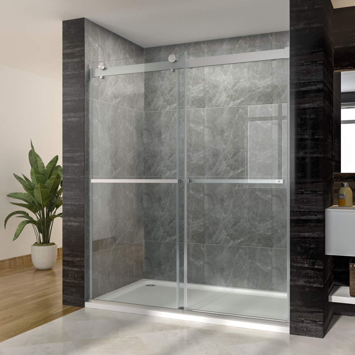 SUNNY SHOWER 60 in. W x 72 in. H Frameless Brushed Nickel Finish Double Sliding Shower Doors