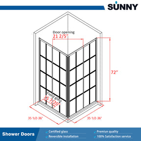 SUNNY SHOWER 36 in. W X 36 in. W X 72 in. H Black Check Corner Entry Enclosure With Sliding Doors Size Chart