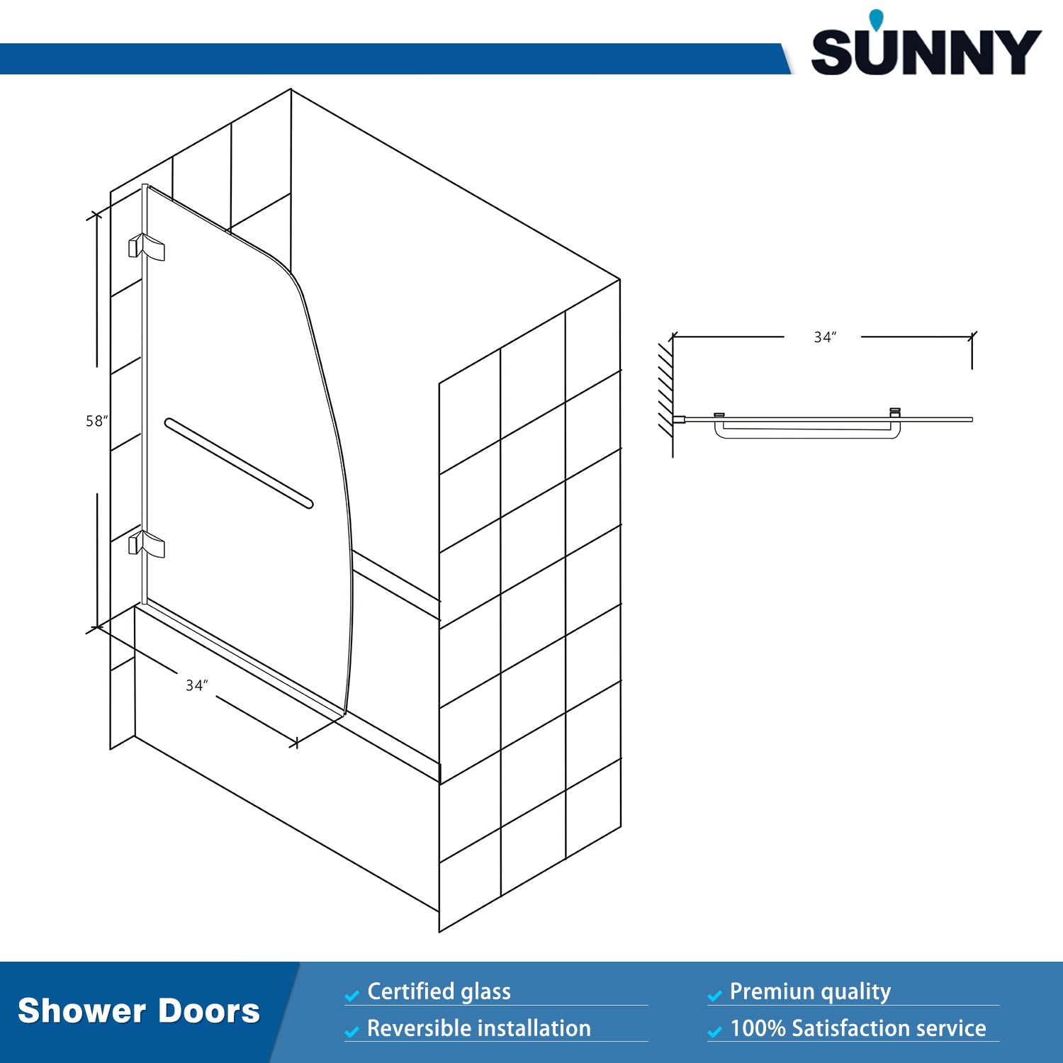 SUNNY SHOWER 34 in. W x 58 in. H Frameless Black Finish Bathtub Hinged Door Size Chart