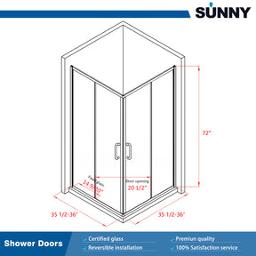 SUNNY SHOWER 36 in. D x 36 in. W x 72 in. H Brushed Nickel Finish Corner Entry Enclosure With Sliding Doors Size Chart