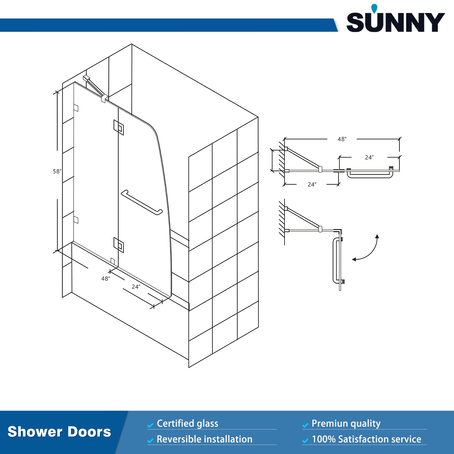 SUNNY SHOWER 48 in. W x 58 in. H Frameless Chrome Finish Bathtub Hinged Door Size Chart