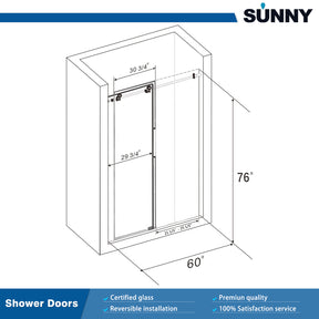 SUNNY SHOWER 60 in. W x 76 in. H Frameless Sliding Shower Doors Size Chart