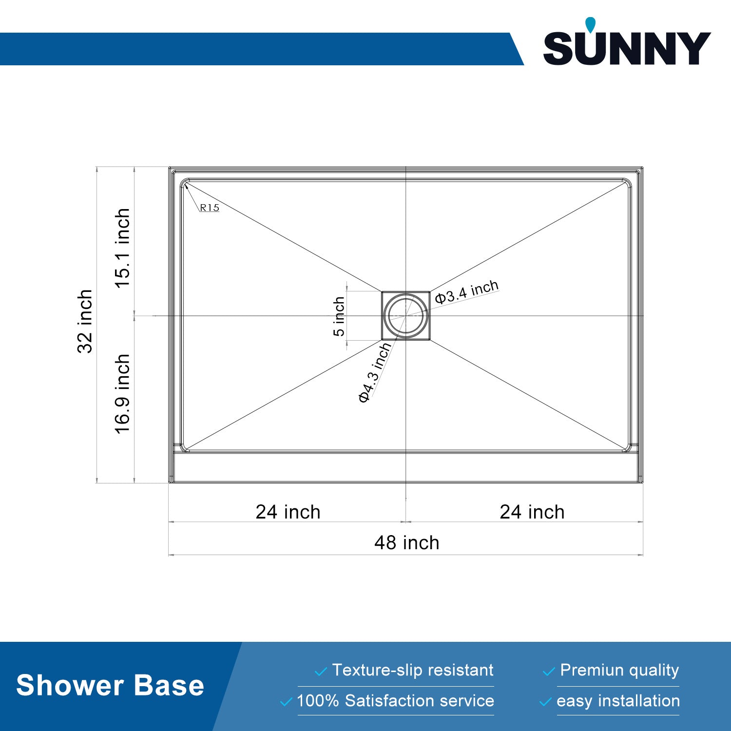 SUNNY SHOWER 32 in. D x 48 in. W x 4 in. H White Center Drain Rectangular Base Size Chart
