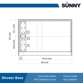 SUNNY SHOWER 32 in. D x 48 in. W x 4 in. H White Left Drain Rectangular Base Size Chart