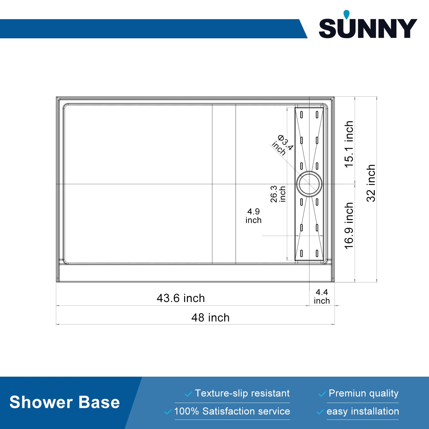 SUNNY SHOWER 32 in. W x 48 in. D x 4 in. H White Right Drain Rectangular Bases Size Chart - SUNNY SHOWER