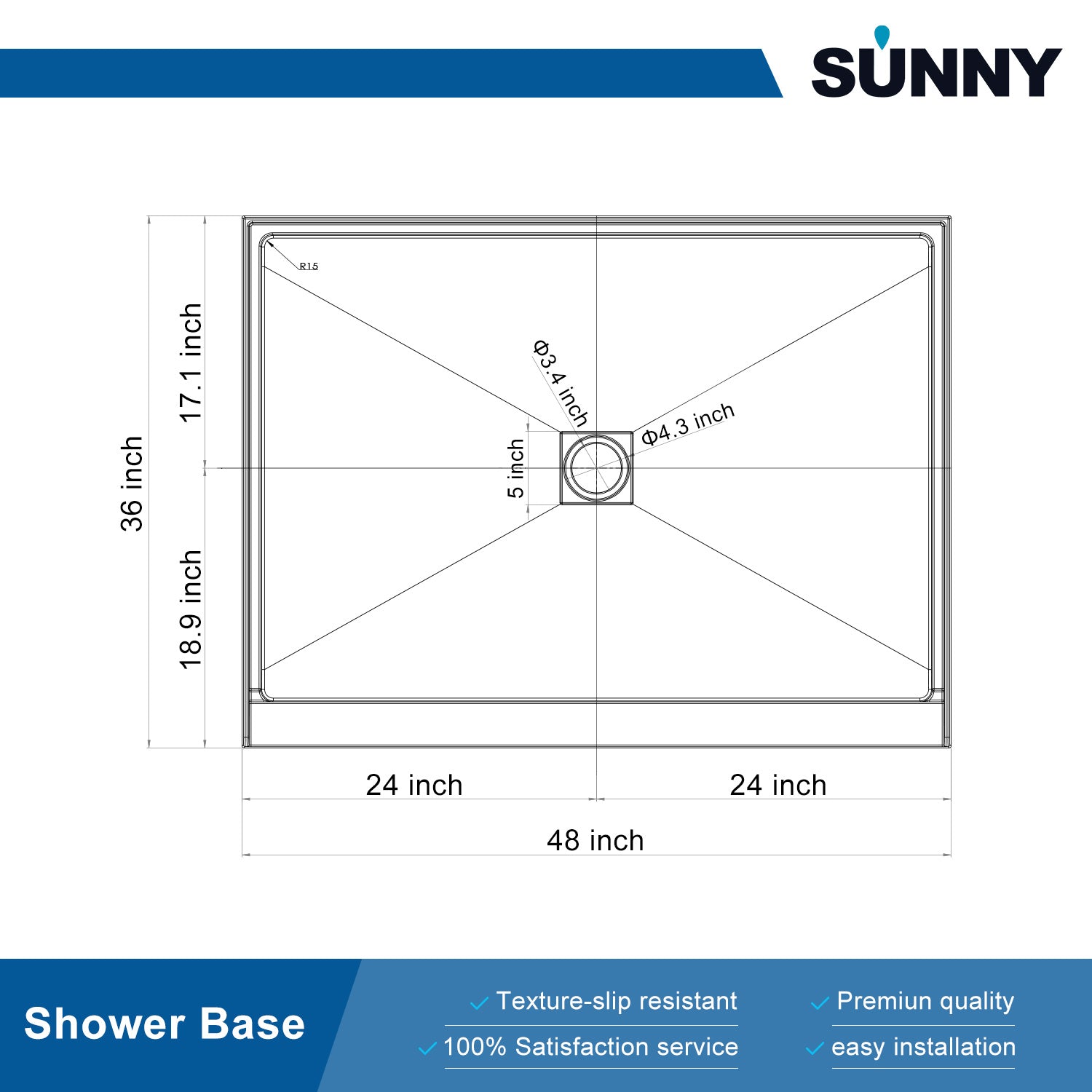 SUNNY SHOWER 36 in. D x 48 in. W x 4 in. H White Center Drain Rectangular Base Size Chart