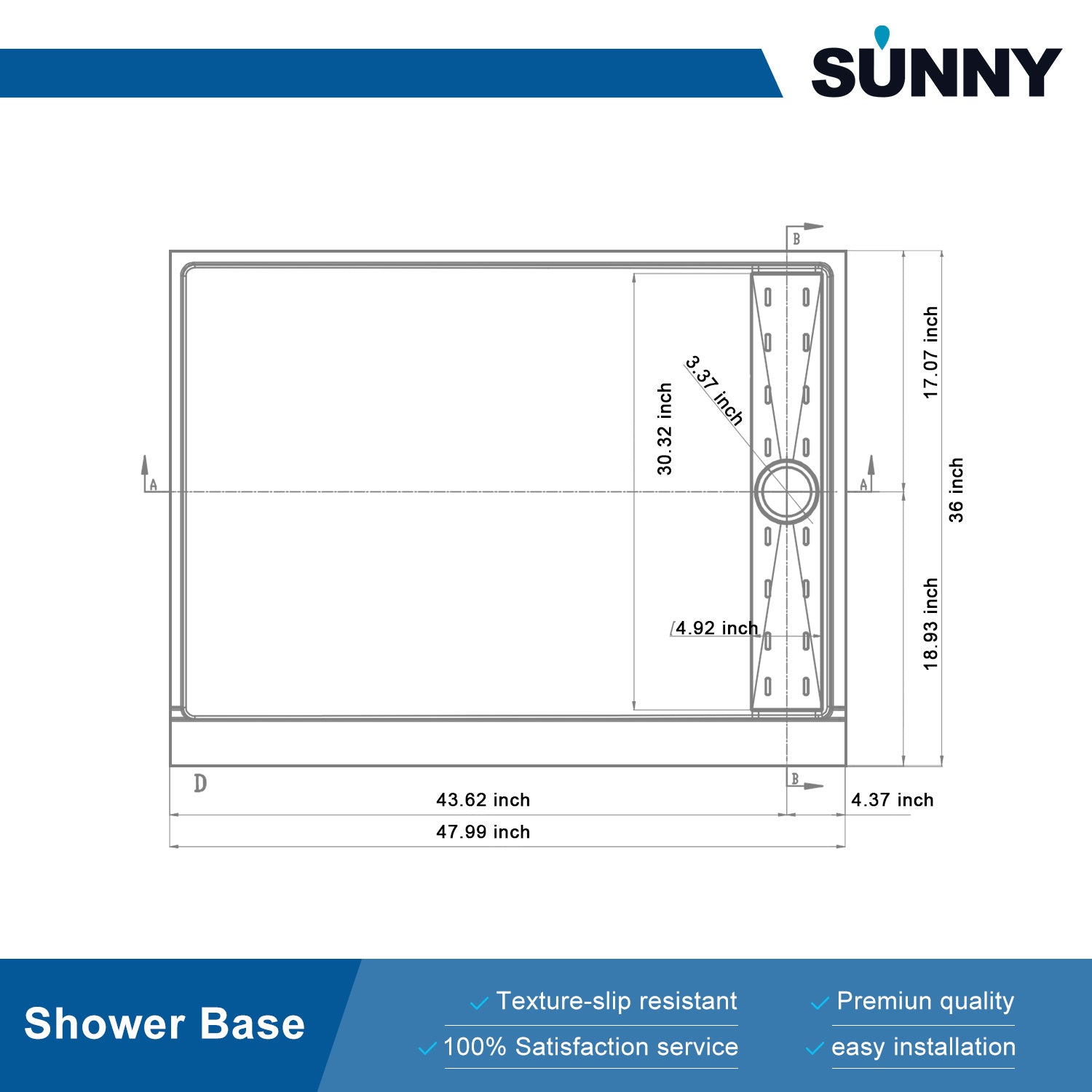 SUNNY SHOWER 36 in. W x 48 in. D x 4 in. H White Right Drain Rectangular Bases Size Chart - SUNNY SHOWER