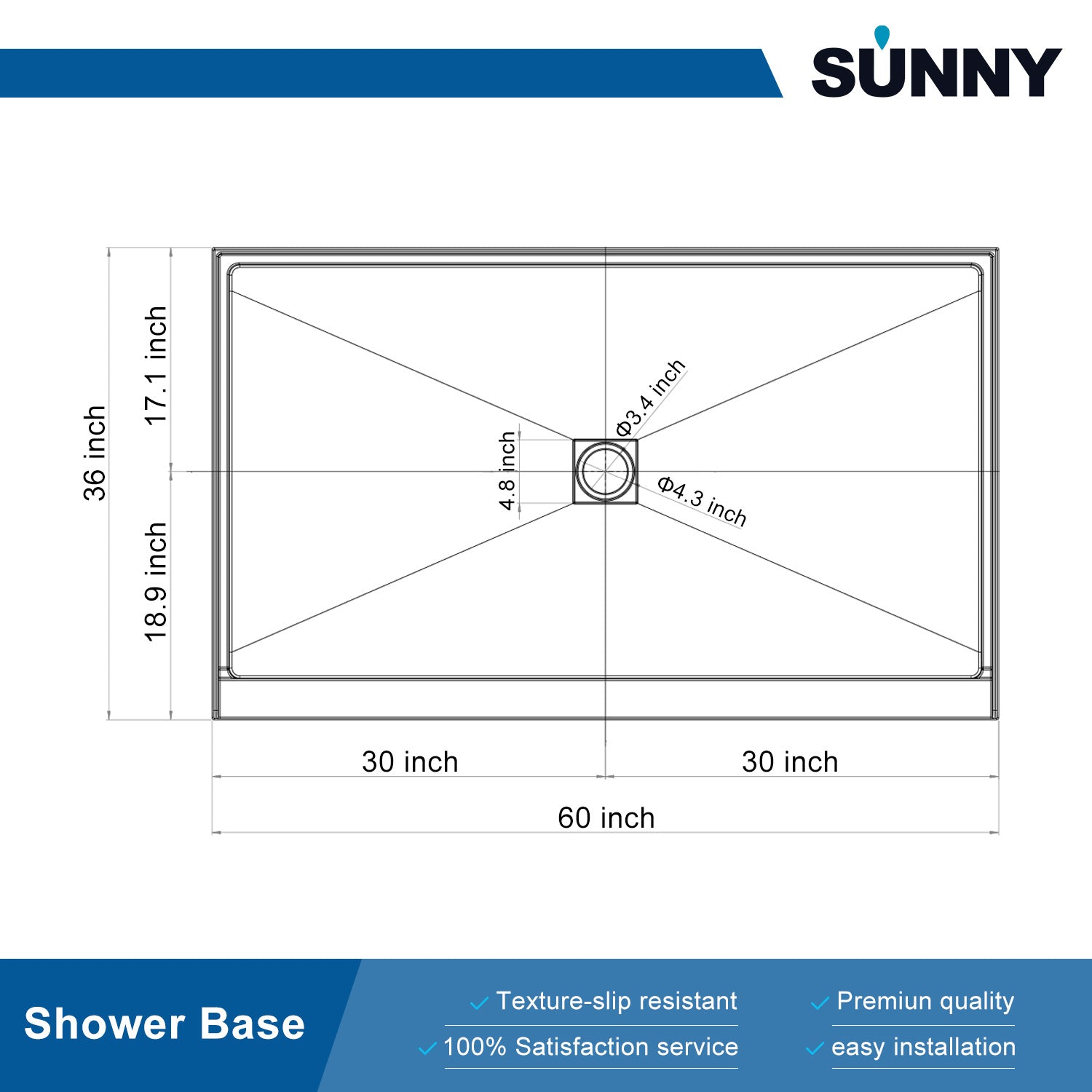 SUNNY SHOWER 36 in. D x 60 in. W x 4 in. H White Center Drain Rectangular Base Size Chart