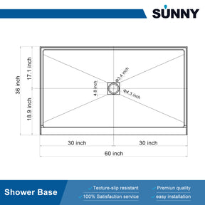 SUNNY SHOWER 36 in. D x 60 in. W x 4 in. H White Center Drain Rectangular Base Size Chart