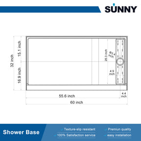 SUNNY SHOWER 32 in. D x 60 in. W x 4 in. H White Right Drain Rectangular Base Size Chart