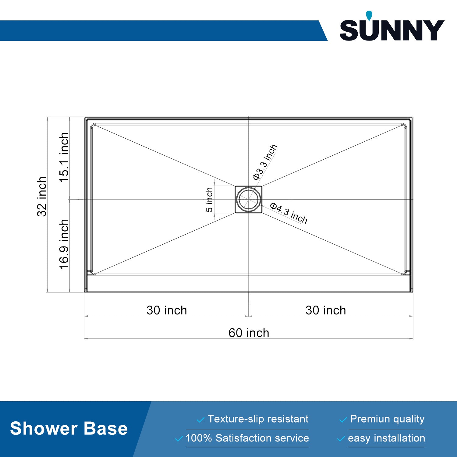 SUNNY SHOWER 32 in. D x 60 in. W x 4 in. H White Center Drain Rectangular Base Size Chart