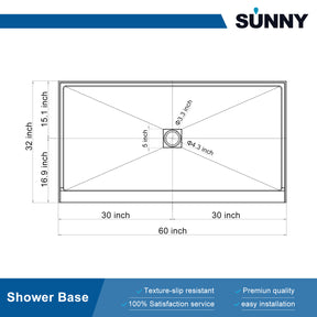 SUNNY SHOWER 32 in. D x 60 in. W x 4 in. H White Center Drain Rectangular Base Size Chart
