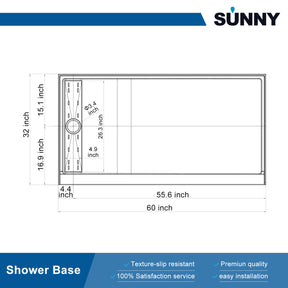 SUNNY SHOWER 32 in. D x 60 in. W x 4 in. H White Left Drain Rectangular Base Size Chart