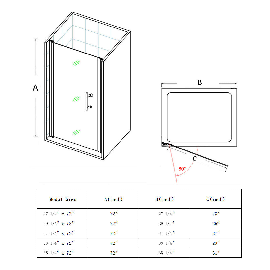 Sunny Shower Hinged Pivot Semi-Framless Glass Shower Door Size Description