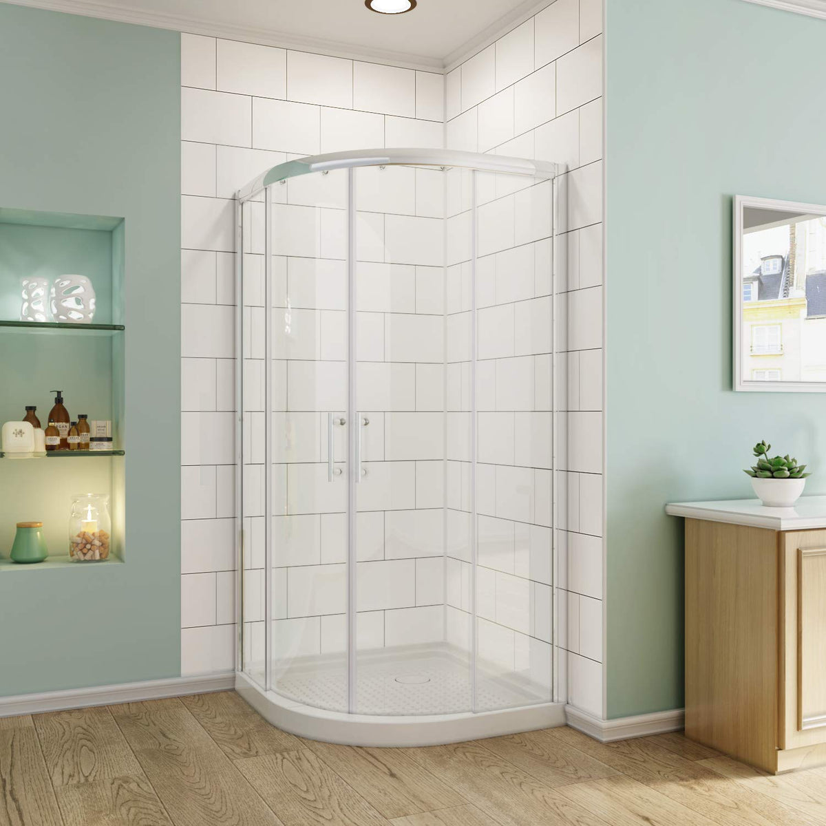SUNNY SHOWER 37.5 in. D x 37.5 in. W x 72 in. H Chrome Finish Quadrant Enclosures With Sliding Doors And White Quadrant Base - SUNNY SHOWER