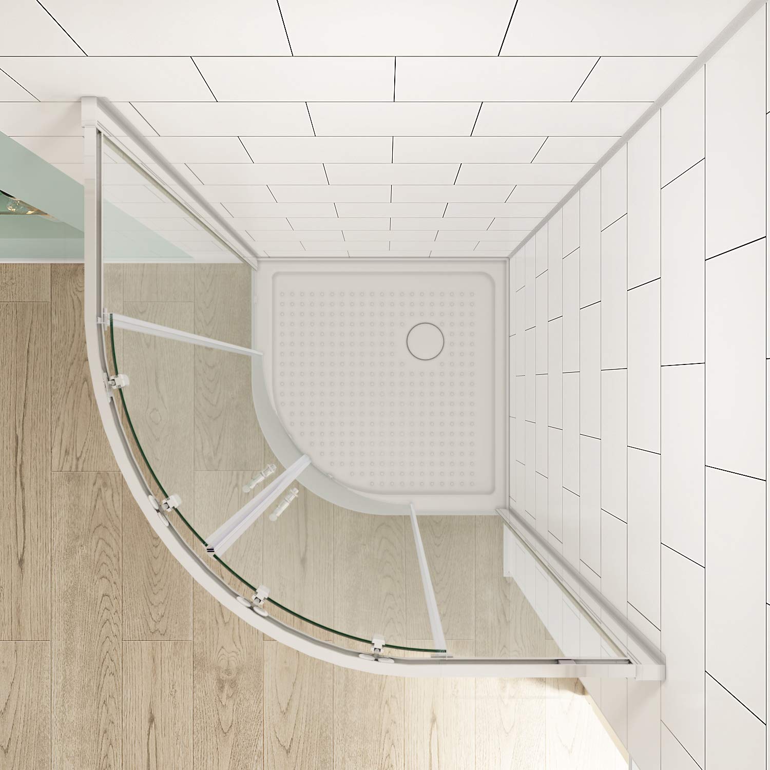 SUNNY SHOWER 38 in. W x 38 in. D x 3 in. H White Corner Drain Quadrant Base Overhead View