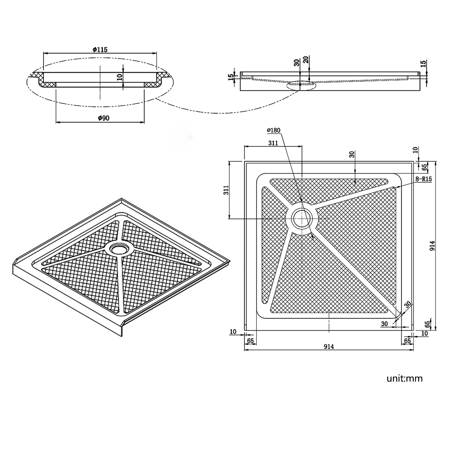 36 in. D x 36 in. W x 3 in. H White Square Base Size Chart