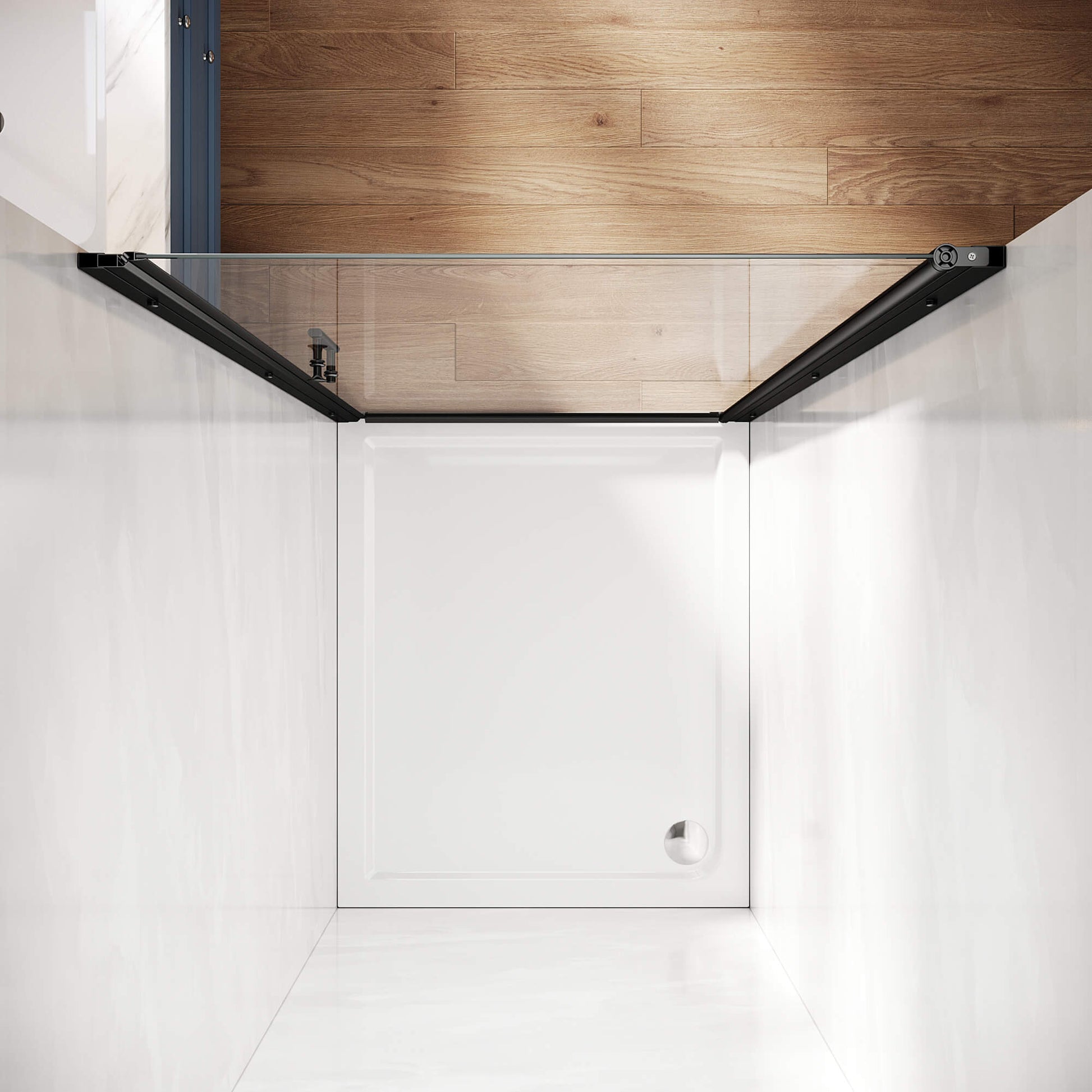 SUNNY SHOWER 1/4-inch Black Finish Pivot Shower Door with Semi-Frameless Clear Tempered Glass Overhead View