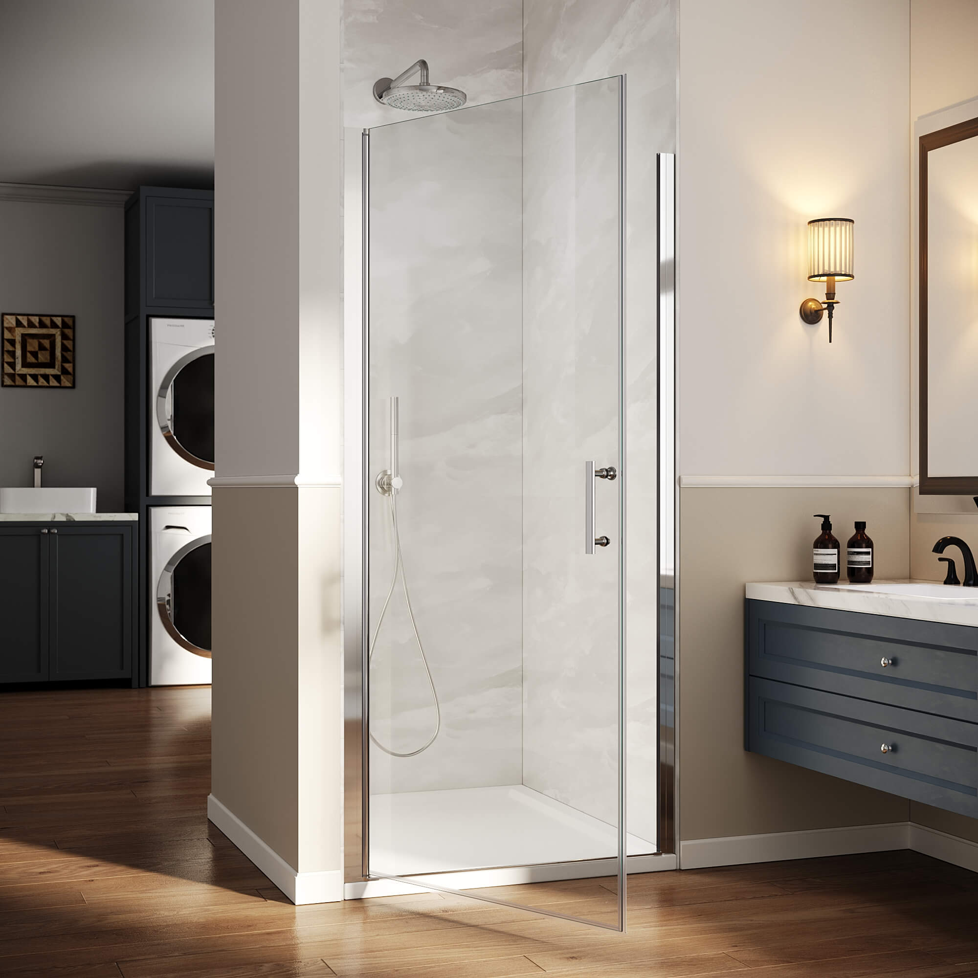 SUNNY SHOWER 1/4-inch Chrome Finish Pivot Shower Door with Semi-Frameless Clear Tempered Glass