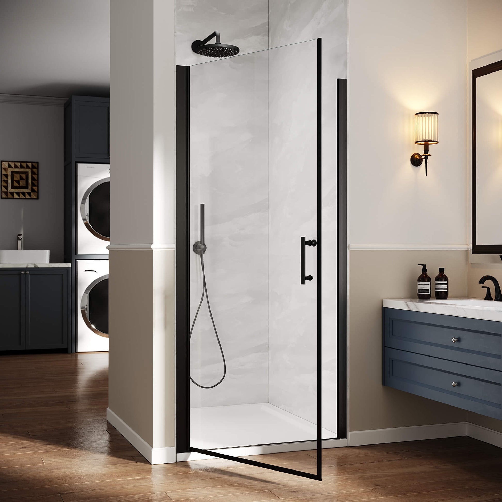 SUNNY SHOWER 1/4-inch Black Finish Pivot Shower Door with Semi-Frameless Clear Tempered Glass