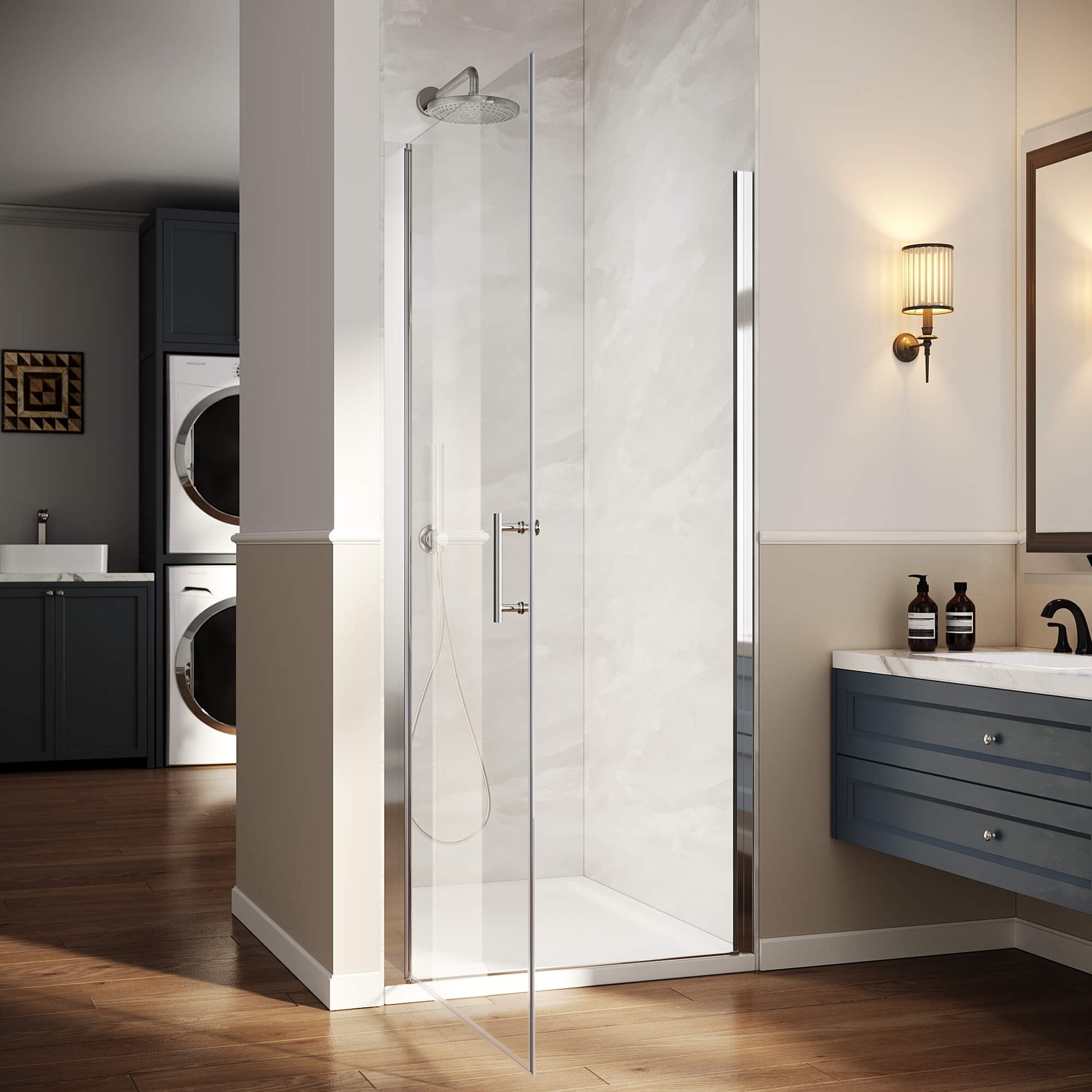 SUNNY SHOWER 1/4-inch Chrome Finish Pivot Shower Door with Semi-Frameless Clear Tempered Glass