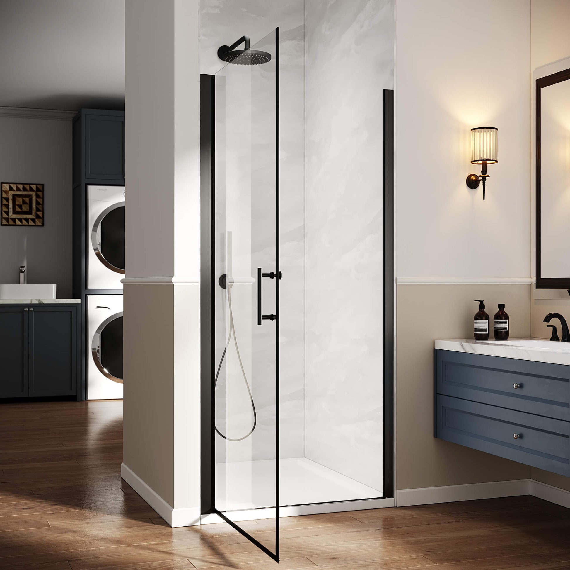 SUNNY SHOWER 1/4-inch Black Finish Pivot Shower Door with Semi-Frameless Clear Tempered Glass