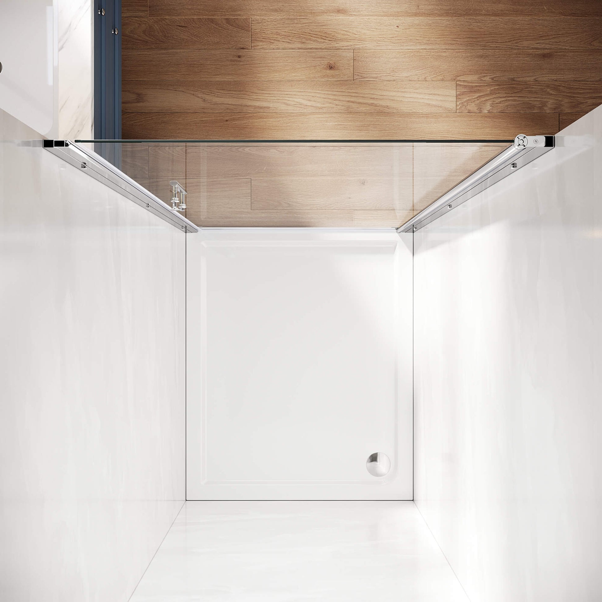 SUNNY SHOWER 1/4-inch Chrome Finish Pivot Shower Door with Semi-Frameless Clear Tempered Glass Overhead View
