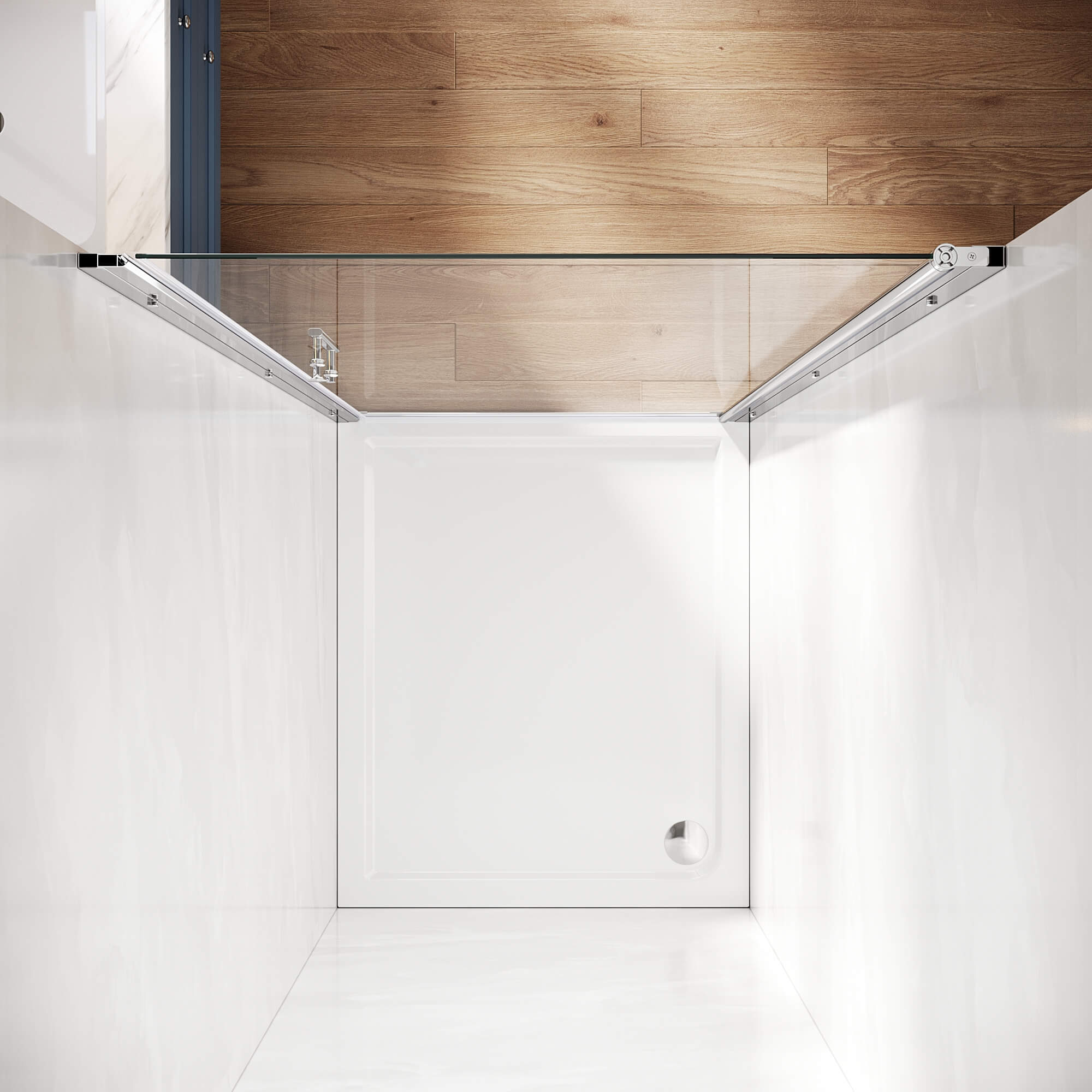 SUNNY SHOWER 1/4-inch Chrome Finish Pivot Shower Door with Semi-Frameless Clear Tempered Glass Overhead View