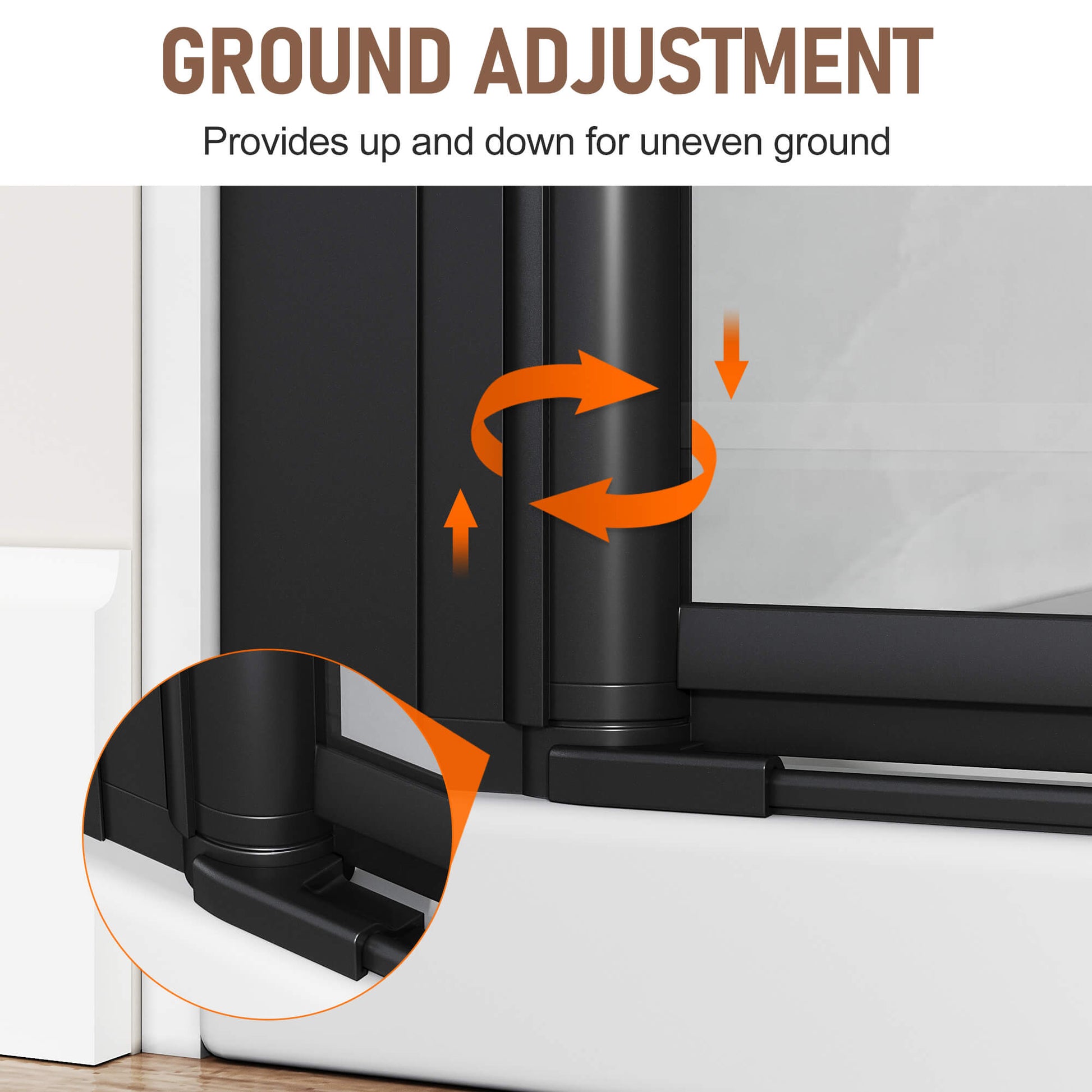 GROUND ADJUSTMENT: Provides up and down for uneven ground
