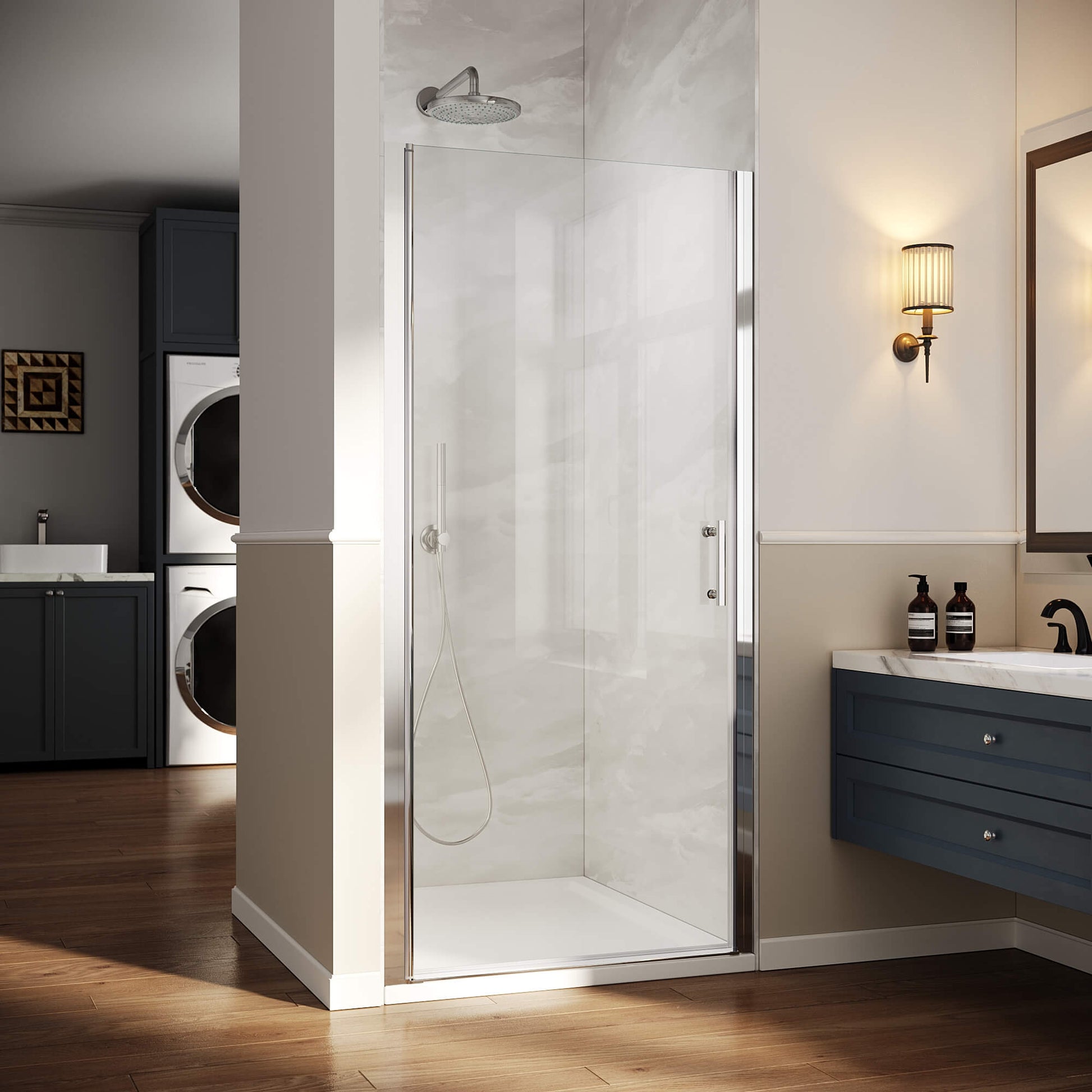 SUNNY SHOWER 1/4-inch Chrome Finish Pivot Shower Door with Semi-Frameless Clear Tempered Glass