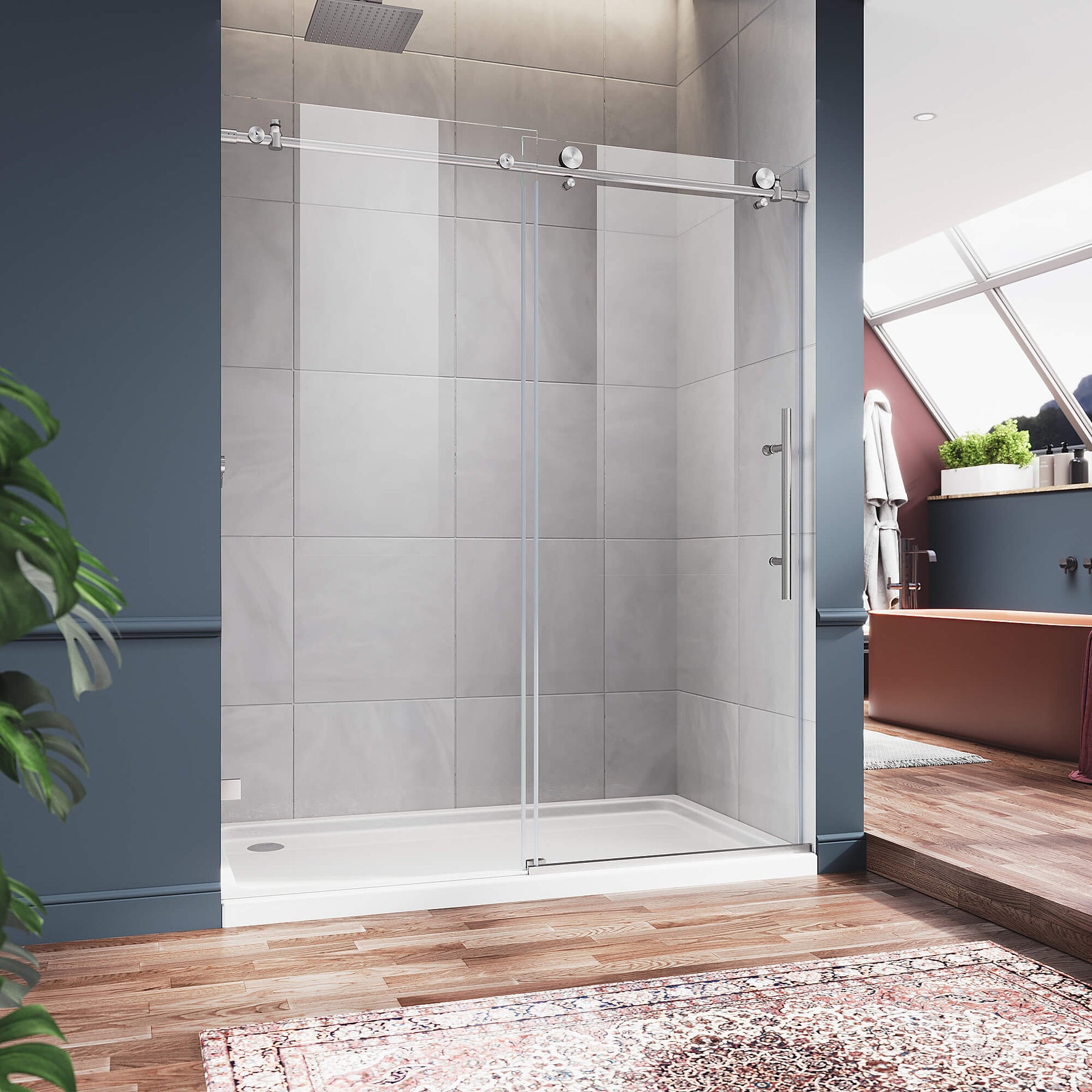 SUNNY SHOWER 48" W x 76" H Frameless Brushed Nickel Finish Sliding Shower Door