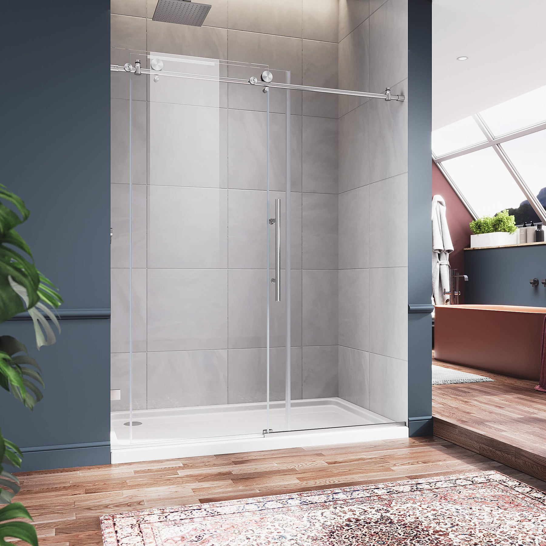 SUNNY SHOWER 48" W x 76" H Frameless Brushed Nickel Finish Sliding Shower Door