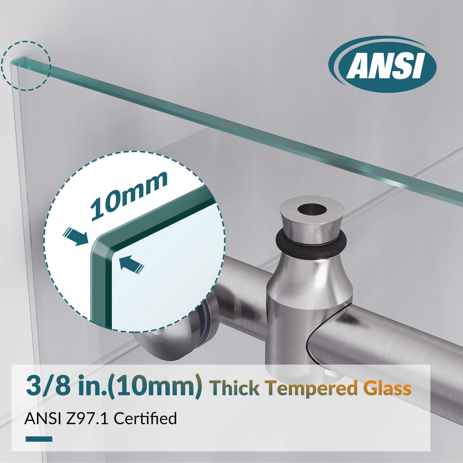 Clear 3/8 inch (10 mm) tempered glass is thick and heavy, explosion-proof, certified by ANSI, safe to use. We recommend that you ask a professional to install.