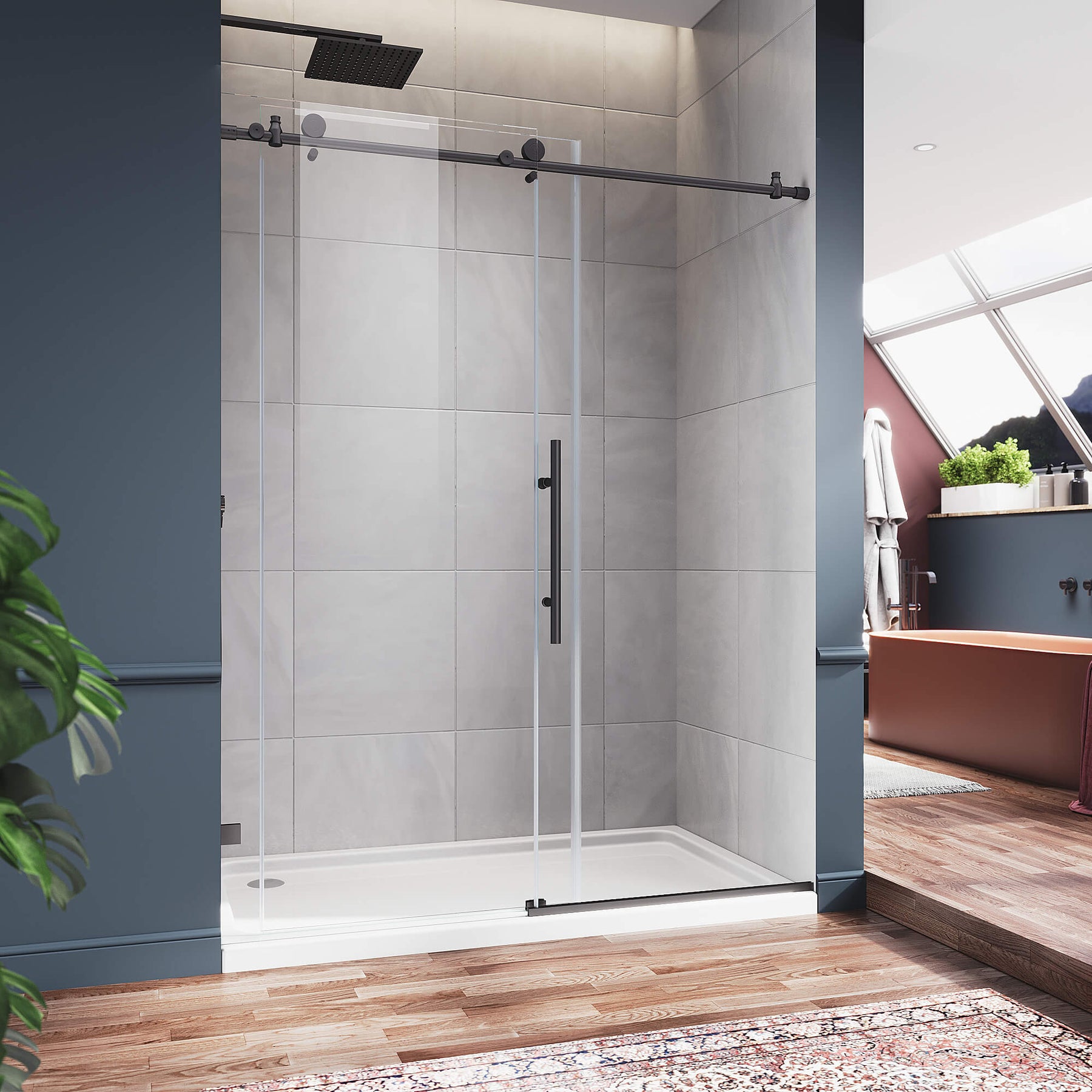 SUNNY SHOWER 48" x 76" Frameless Black Finish Sliding Shower Door