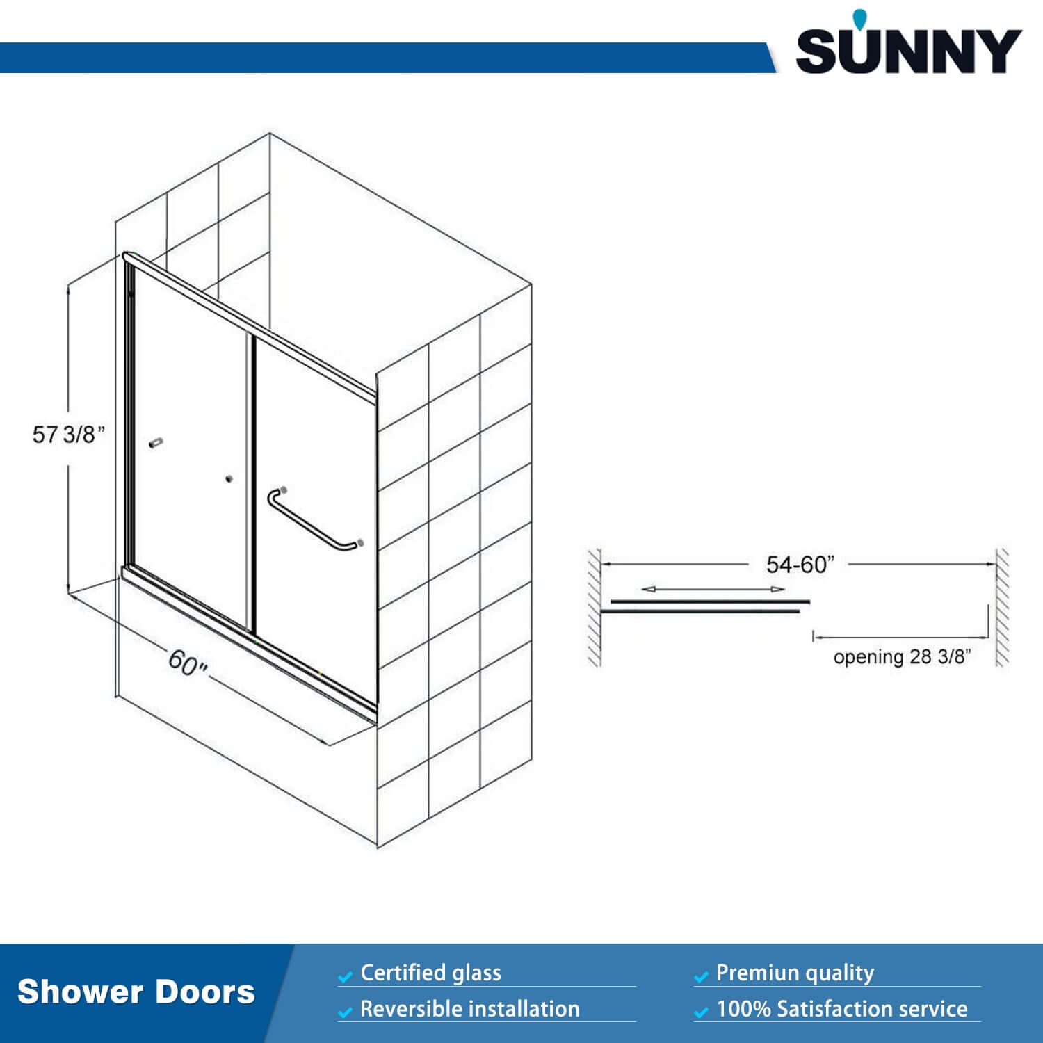 SUNNY SHOWER 60" x 57.4" Bathtub Shower Door & Double Sliding Door for tub, Brushed Nickel Finish / Chrome Finish Size Chart