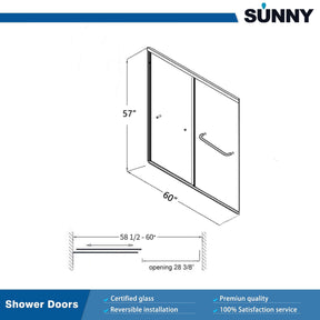 SUNNY SHOWER 60" x 57" Bathtub Shower Door & Double Sliding Door for tub, Black Finish Size Chart