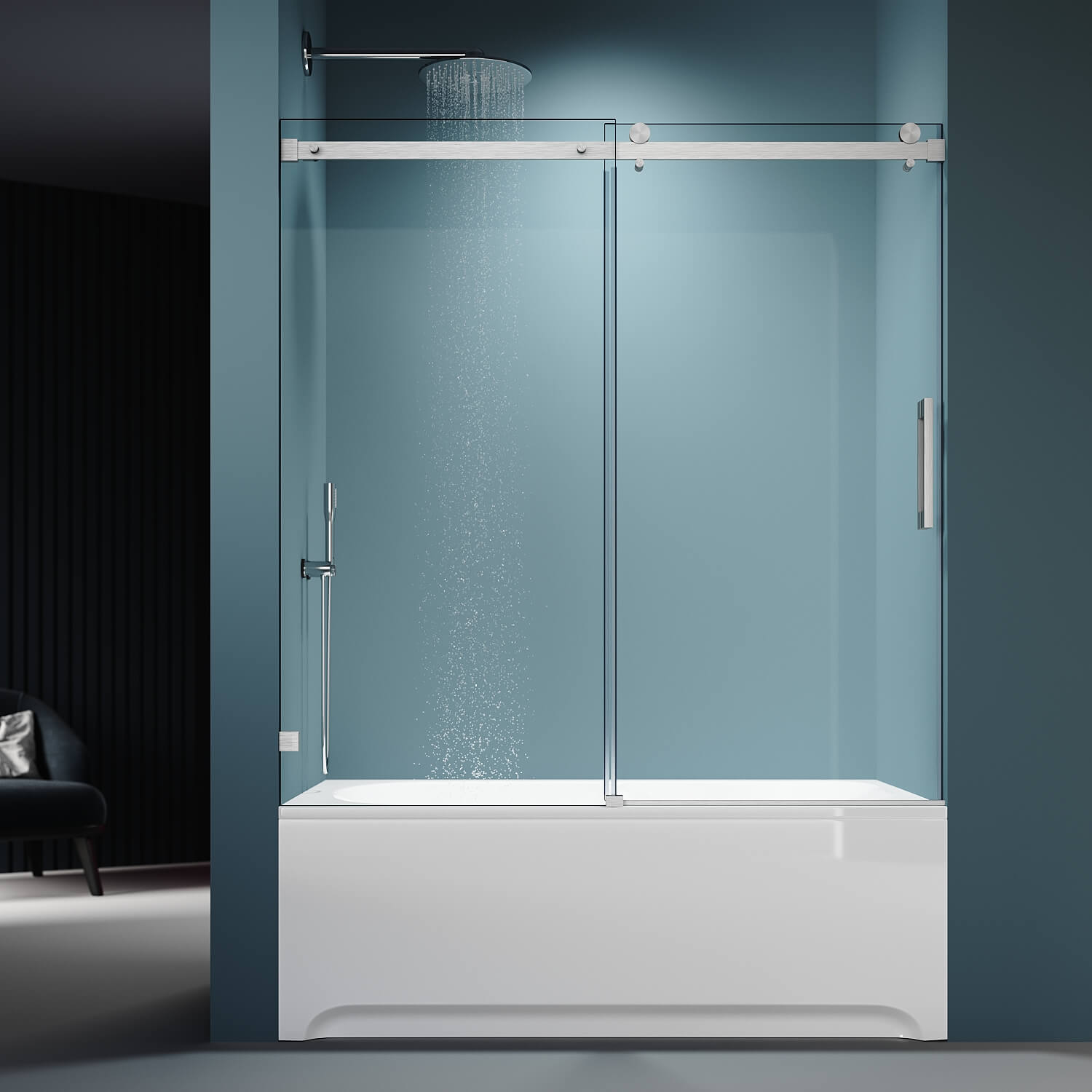 SUNNY SHOWER 60" x 62" Brushed Nickel Finish Bathtub Shower Door & Frameless Sliding Door for tub