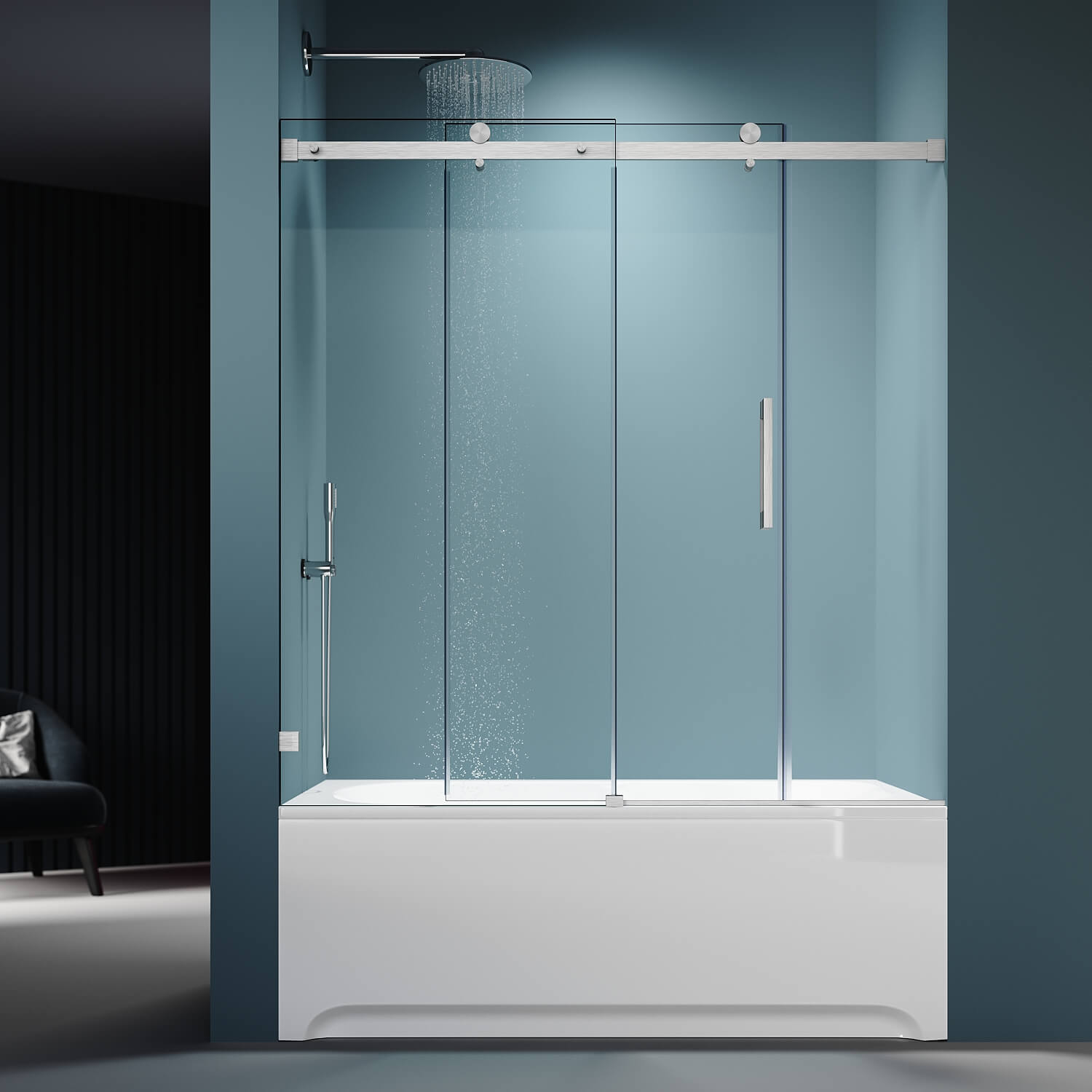 SUNNY SHOWER 60" x 62" Brushed Nickel Finish Bathtub Shower Door & Frameless Sliding Door for tub